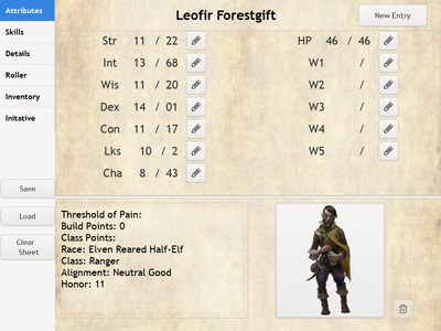 Digital Character Sheet 3 in use