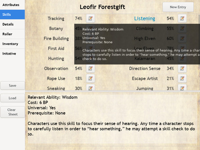 The Skills tab with a skill description expanded