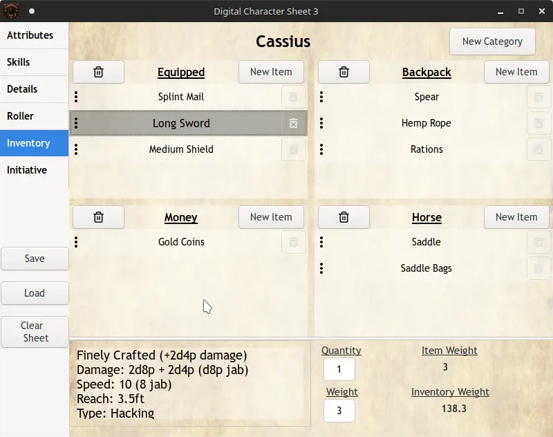 The Inventory tab with item categories and total weight